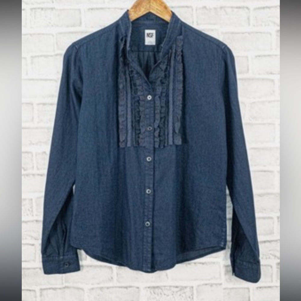 NSF Ruffle Front Denim Button Up Shirt